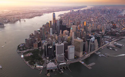 Aerial view of a dense financial district skyline