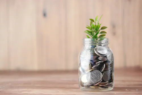 Glass jar filled with coins and a small plant