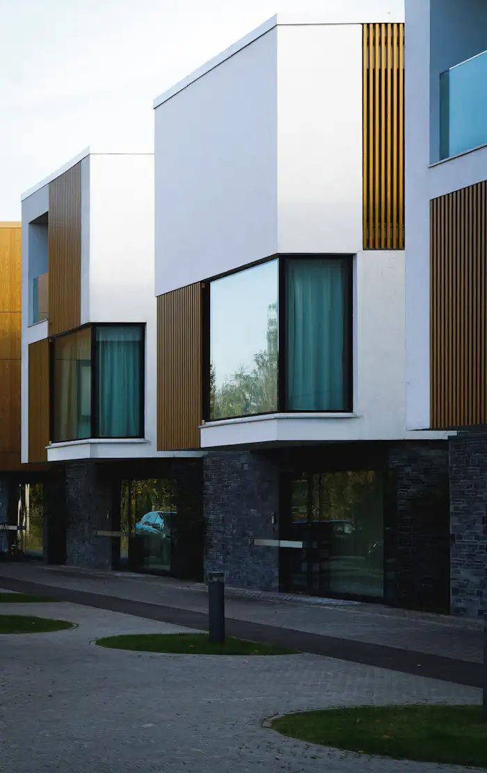 Modern townhouse-style facade photographed in daylight